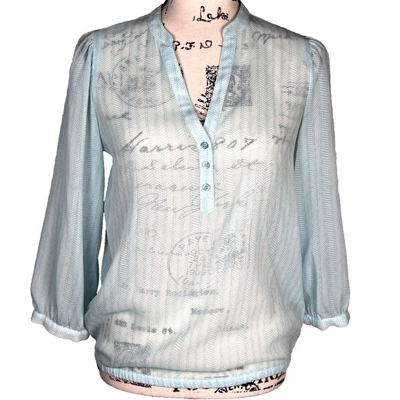 The Limited Sz S Sheer Blouse Pale Blue Striped Button-Up Elastic Waist - Picture 1 of 12